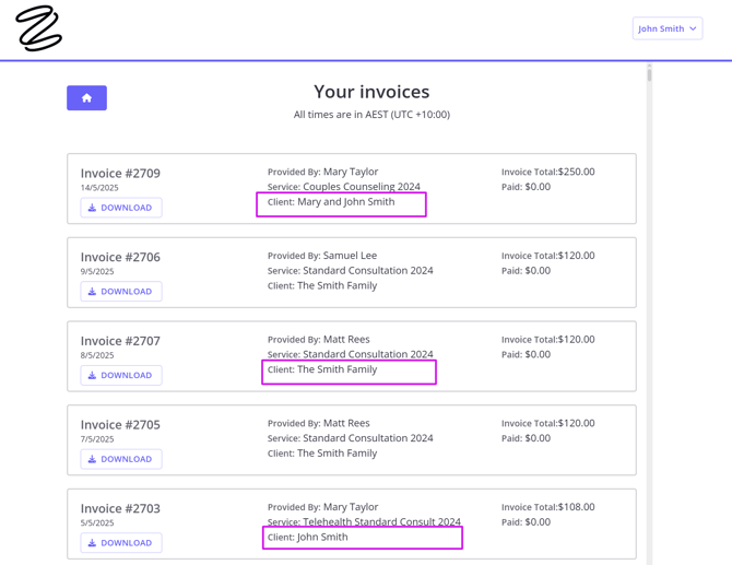 Shared Profile invoices on portal