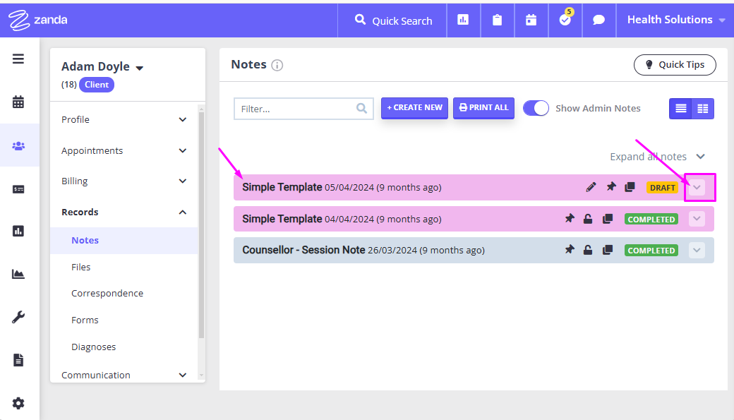 Creating and Managing Session Notes